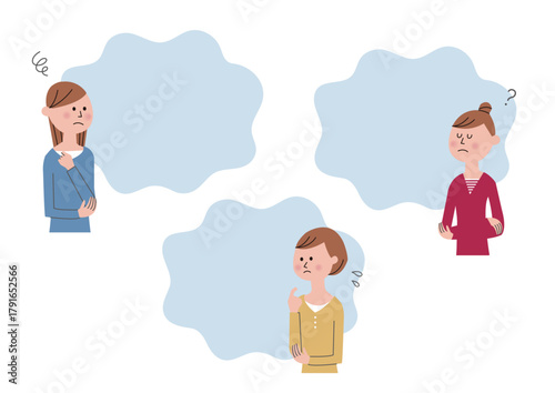 女性の悩みや考えごとを表すイラスト（人間関係・仕事・メンタルヘルス）
