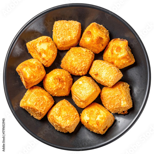 Savory smoked cheese bites on a dark plate, a flavorful and simple appetizer or snack, perfect for a cheese board or party platter