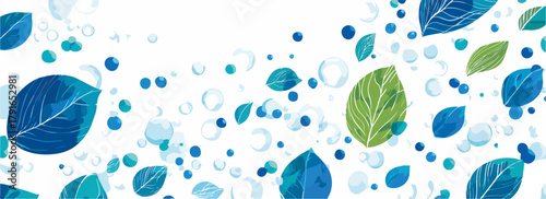 青と緑の葉と水滴が舞う、軽やかで透明感のあるベクター背景イラスト