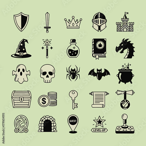 Collection of Fantasy Game Icons - Shield, Sword, Crown, Dragon, and More.