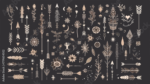 ボヘミアン風の矢、羽根、植物、月、太陽、花、星などの装飾的な要素のベクターコレクション