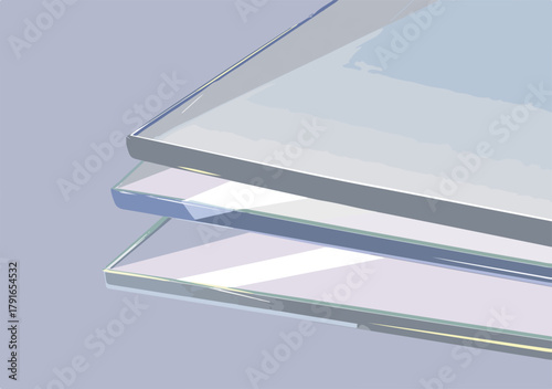 透明なガラス板が重なり合う様子を捉えたクローズアップ。光沢のある表面とエッジが反射している。