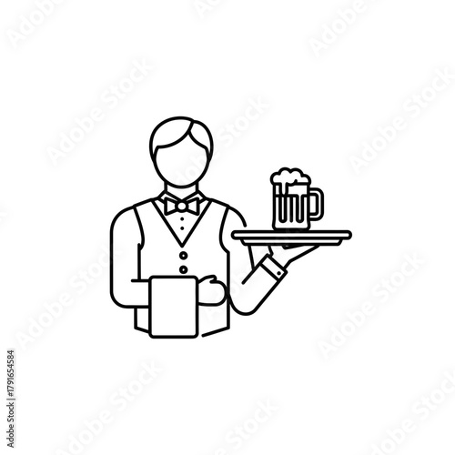 Waiter Serving Beer Line Art – Vector Illustration of Restaurant Service with Drink on Tray