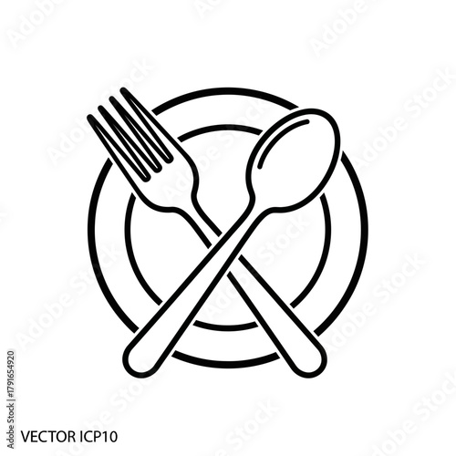 “Restaurant Cutlery Icon – Fork Spoon Plate Line Art Vector”
