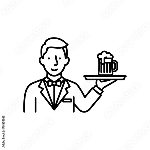 Waiter Serving Beer Line Art – Vector Illustration of Restaurant Service with Drink on Tray