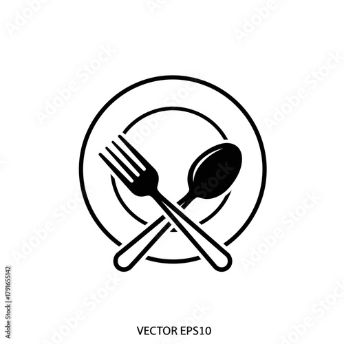 “Restaurant Cutlery Icon – Fork Spoon Plate Line Art Vector”
