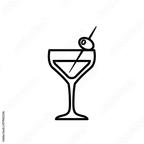 Martini Glass Line Art – Vector Illustration of Cocktail with Olive Garnish