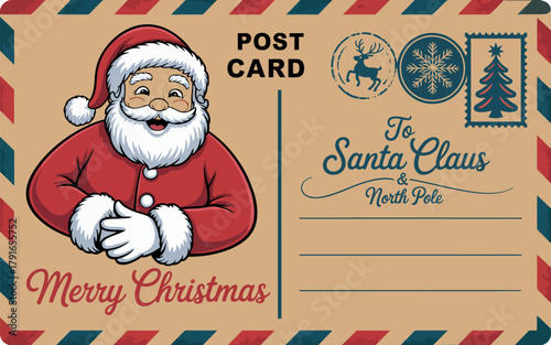 Santa claus postcard retro style for christmas letters and holiday greetings illustration