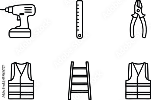 Construction and Tools Icon Set. Building Equipment and Tools Illustration. Industrial and Construction Icon Pack. Construction Tools Outline Design. Engineering and Tools Symbols Collection