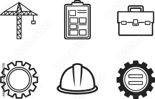 Construction and Tools Icon Set. Building Equipment and Tools Illustration. Industrial and Construction Icon Pack. Construction Tools Outline Design. Engineering and Tools Symbols Collection