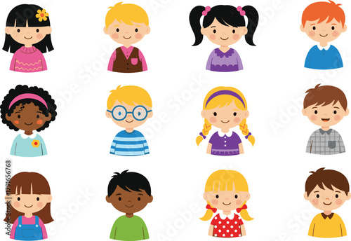 Diverse cartoon children, multicultural kids illustration, happy faces, colorful outfits, educational design, preschool visuals, character set, school materials