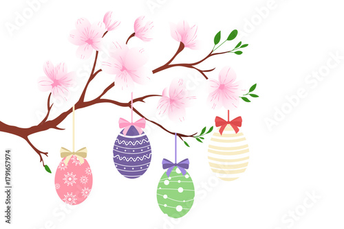 A delicate cherry blossom branch adorned with four colorful, patterned Christmas ornaments. A charming blend of spring florals and festive holiday decor.
