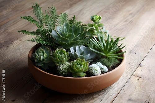 Succulent Garden Arrangement in Shallow Terra Cotta Dish for Beautiful Indoor Plant Decor Design Photography