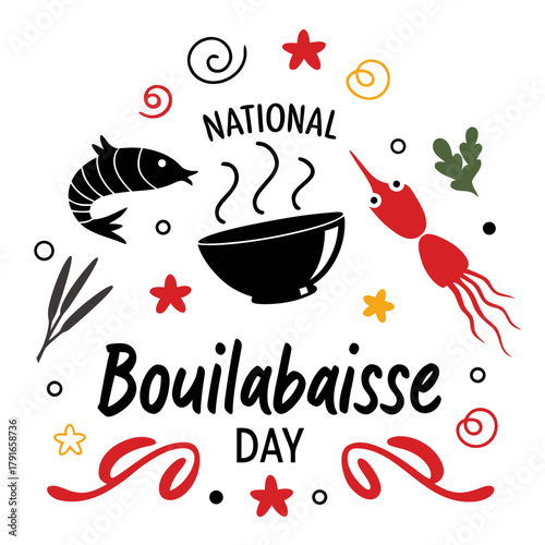 National Bouillabaisse Day Vector Illustration, Traditional French Seafood Soup with Fish and Shellfish Isolated on White Background