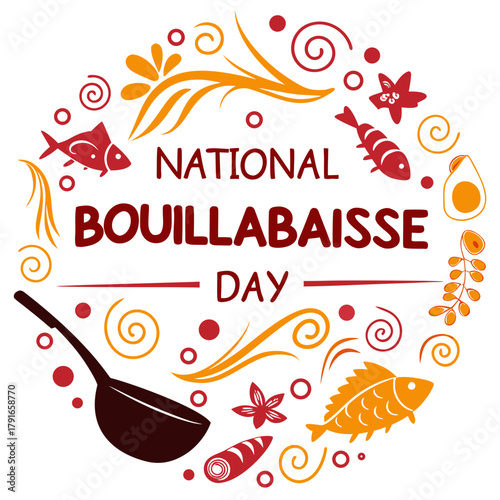 National Bouillabaisse Day Vector Illustration, Traditional French Seafood Soup with Fish and Shellfish Isolated on White Background