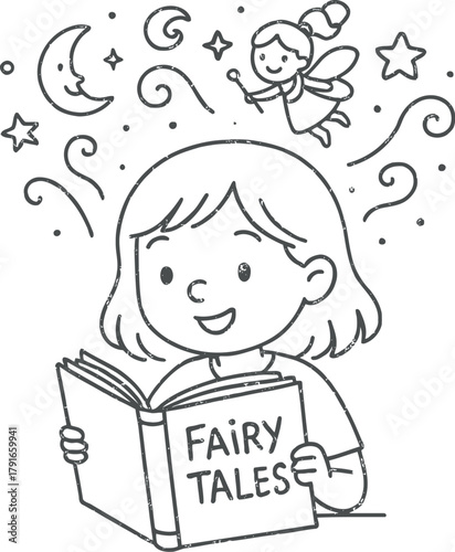 Young girl immersed in magical fairy tales book adventure