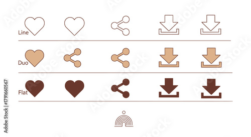 Icons of Love, Share, and Download in Various Styles.
