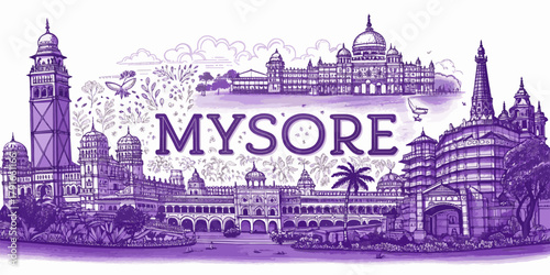 Mysore Skyline Sketch with Chamundi Hill, Mysore Palace, and St. Philomena’s Church | Cultural Art for Travel, Tourism, Poster & Souvenir Use