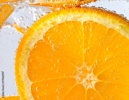 Macro shot of a juicy, bright orange slice submerged in sparkling water, surrounded by bubbles. Refreshing and vibrant