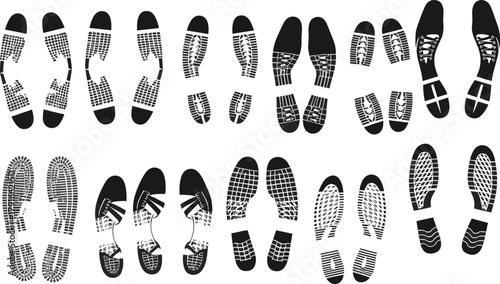 Collection of detailed shoe footprint vector icons showing walking tracks, shoe sole patterns, boot marks, and footwear trail designs for graphics.
