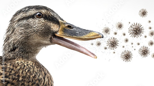 Conceptual illustration of a quacking mallard duck exhaling H3N2 influenza virus particles with sharp surface spikes, depicting avian flu transmission, close-up medical-style visualization