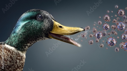 Conceptual illustration of a quacking mallard duck exhaling H3N2 influenza virus particles with sharp surface spikes, depicting avian flu transmission, close-up medical-style visualization