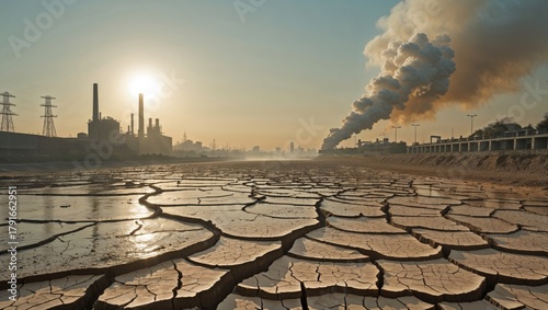 Industrial pollution and environmental damage in a dry, cracked landscape