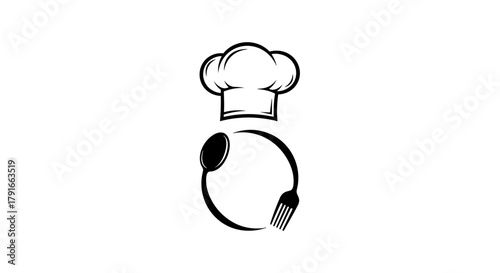 Circular Cutlery Chef Hat Vector Logo: Monochromatic Cooking Symbol for Restaurant, Food Delivery, Catering Service, Culinary Blog, Recipe, Kitchen, and Professional Chef Branding