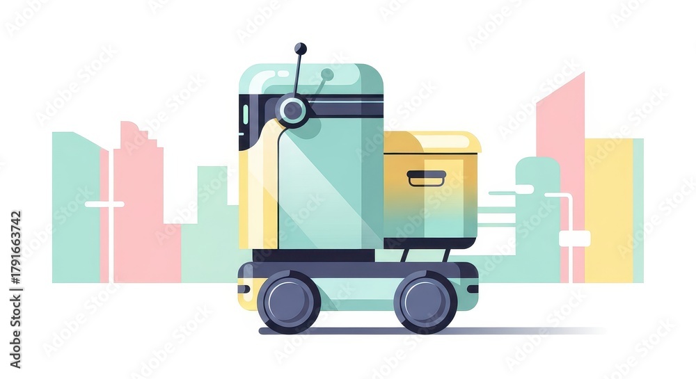 Naklejka premium Automated delivery apparatus transports cargo against a stylized urban backdrop