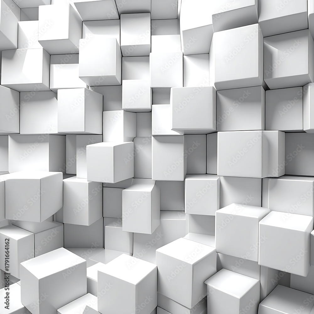 Obraz premium A 3D illustration of numerous white cubes arranged at varying depths, creating a textured and dynamic abstract pattern