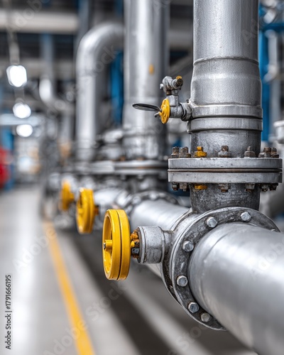 Industrial pipeline with yellow valves creates a powerful visual statement for engineering, manufacturing, and infrastructure projects with professional quality