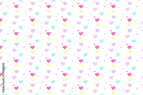 A delicate seamless pattern of pastel hearts in pink, yellow, purple, and mint on a white background. Soft, romantic, and perfect for any loving design.