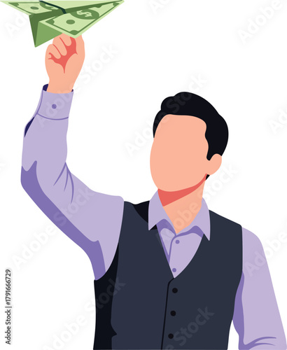 Man enjoys abundance by flying a money paper airplane. Suitable for financial success and wealth concepts in design and marketing.