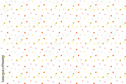 A seamless pattern of hearts in warm tones of orange, yellow, pink, and grey on a white background. A cheerful and romantic design.