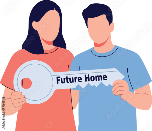 Faceless couple holding key labeled future home, likely buying property. Suitable for real estate or mortgagerelated designs.