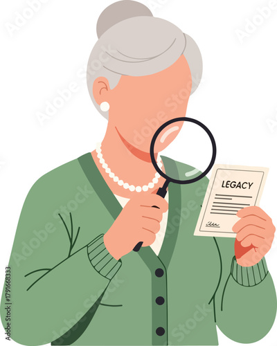 Older woman inspecting document with a magnifying glass. Great for historical research, genealogy, retirement planning concepts, and detective themes.