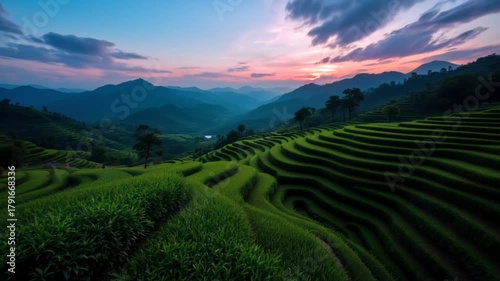 Serene Tea Terraces at Sunrise - A Breathtaking Landscape Video.