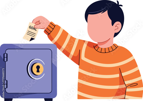 Boy deposits goal slip into secure container. Suitable for financial concepts, saving money, setting goals, youth banking, and education materials.