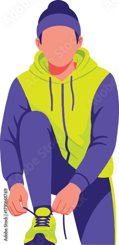 Faceless person tying sneaker in a beanie, ideal for fitness articles, fashion blogs, sportsrelated promotions, active lifestyle concepts.