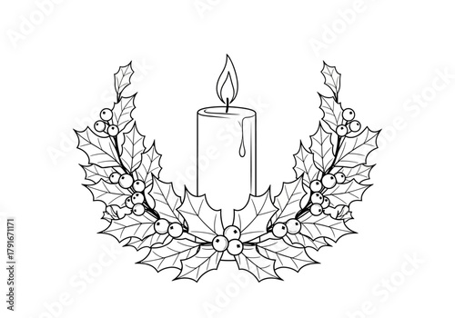 Vector illustration of a Christmas candle surrounded by holly leaves, celebration theme, natal vector, clipart style vector