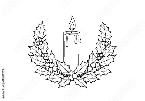 Vector illustration of a Christmas candle surrounded by holly leaves, celebration theme, natal vector, clipart style vector