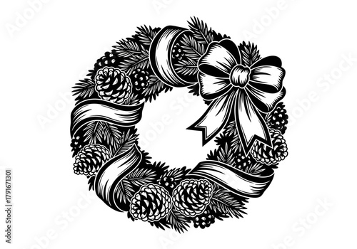 Vector illustration of a Christmas wreath with ribbons and pinecones, celebration theme, natal vector, clipart style vector