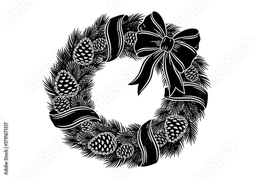 Vector illustration of a Christmas wreath with ribbons and pinecones, celebration theme, natal vector, clipart style vector