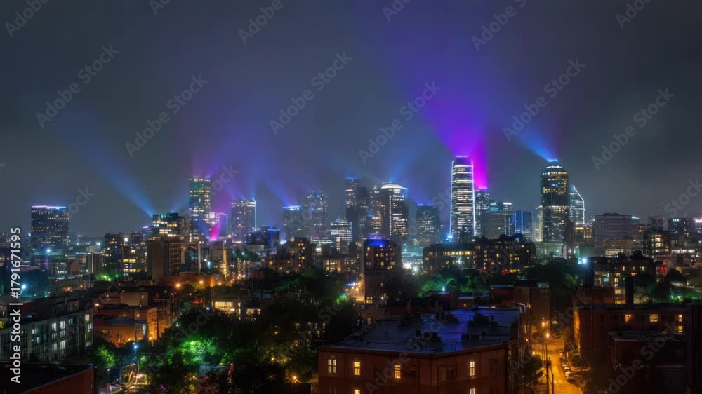 custom made wallpaper toronto digitalNight cityscape with illuminated skyscrapers and colorful light beams emanating from above