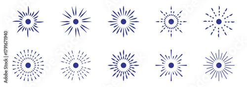 Sunrise rays light burst line shine sunshine. Set of vector line icons representing fireworks, confetti and celebration bursts. Radial circle lines. Circular radiating lines geometric design element.