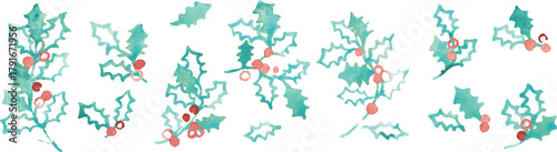 水彩画。水彩タッチのベクターイラスト。クリスマスの水彩フレーム。ヒイラギの葉っぱのクリスマス背景。Watercolor painting. Watercolor vector illustration. Christmas watercolor frame. Christmas background with holly leaves.