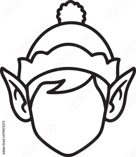 Line art cartoon elf head wearing a festive winter hat with a pompom design