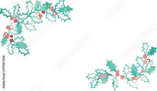 水彩画。水彩タッチのベクターイラスト。クリスマスの水彩フレーム。ヒイラギの葉っぱのクリスマス背景。Watercolor painting. Watercolor vector illustration. Christmas watercolor frame. Christmas background with holly leaves.