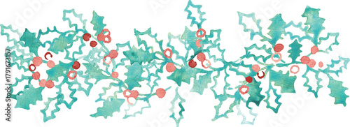 水彩画。水彩タッチのベクターイラスト。クリスマスの水彩フレーム。ヒイラギの葉っぱのクリスマス背景。Watercolor painting. Watercolor vector illustration. Christmas watercolor frame. Christmas background with holly leaves.