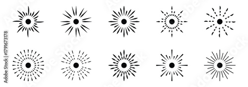 Sunrise rays light burst line shine sunshine. Set of vector line icons representing fireworks, confetti and celebration bursts. Radial circle lines. Circular radiating lines geometric design element.